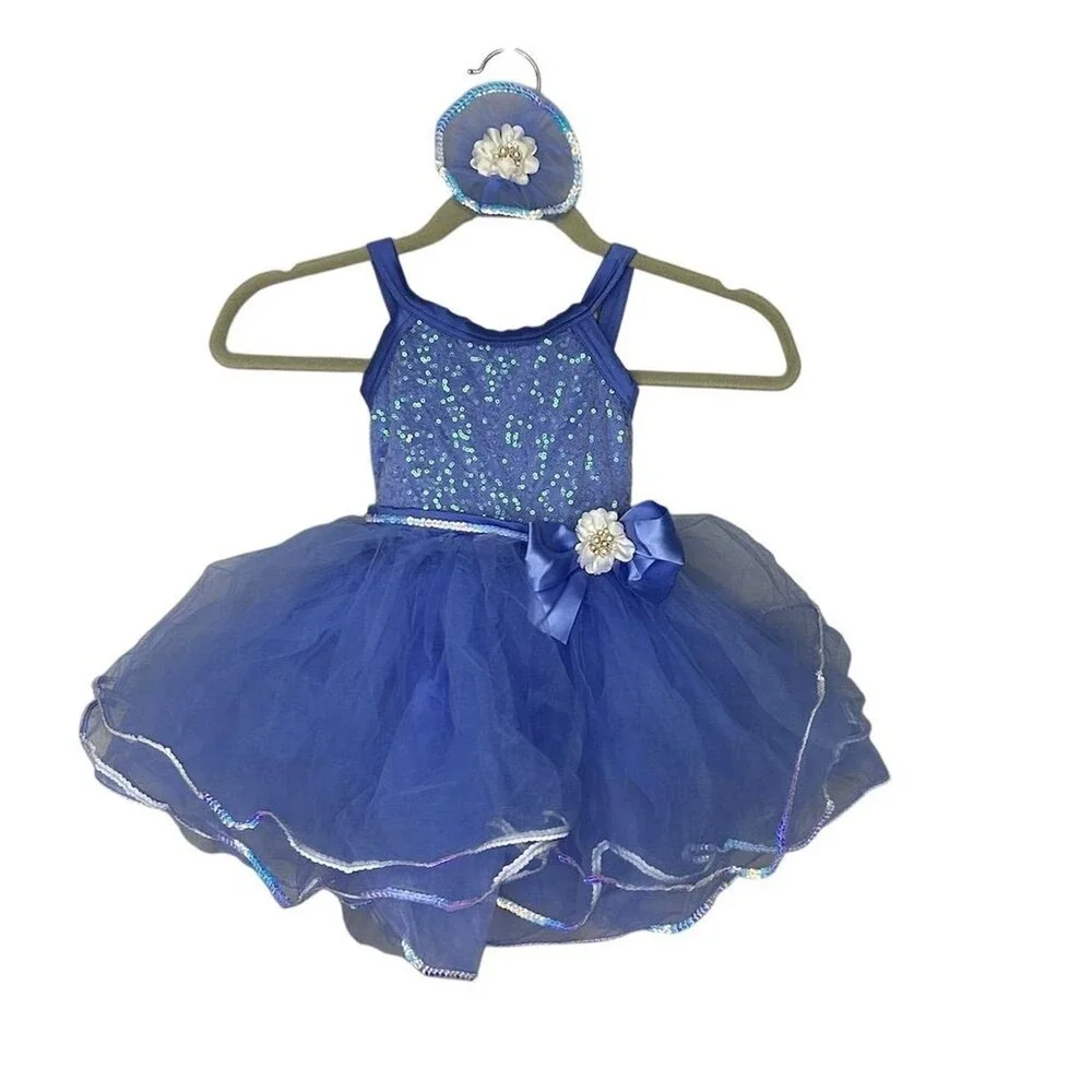 Weissman Dance Costume Kids XSC Blue Sequin Tutu Recital Dress with Hair Piece